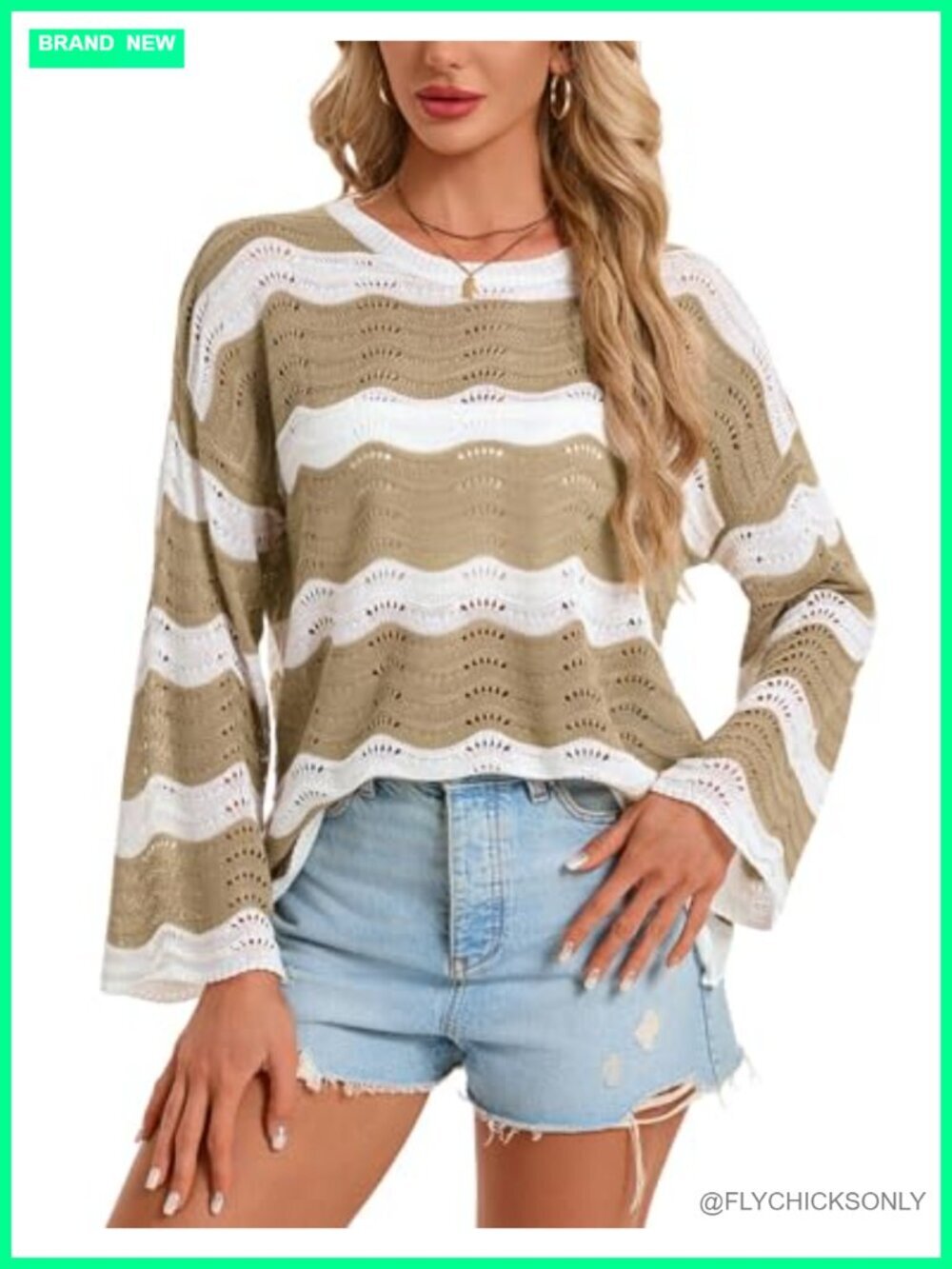 Long Bell Sleeve Scoop Neck Crochet Cover Up Loose Mesh Striped Top